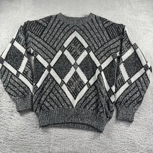 Vintage Pattern Knit Sweater Mens Medium Geometric Black Grandpacore‎ Acrylic
